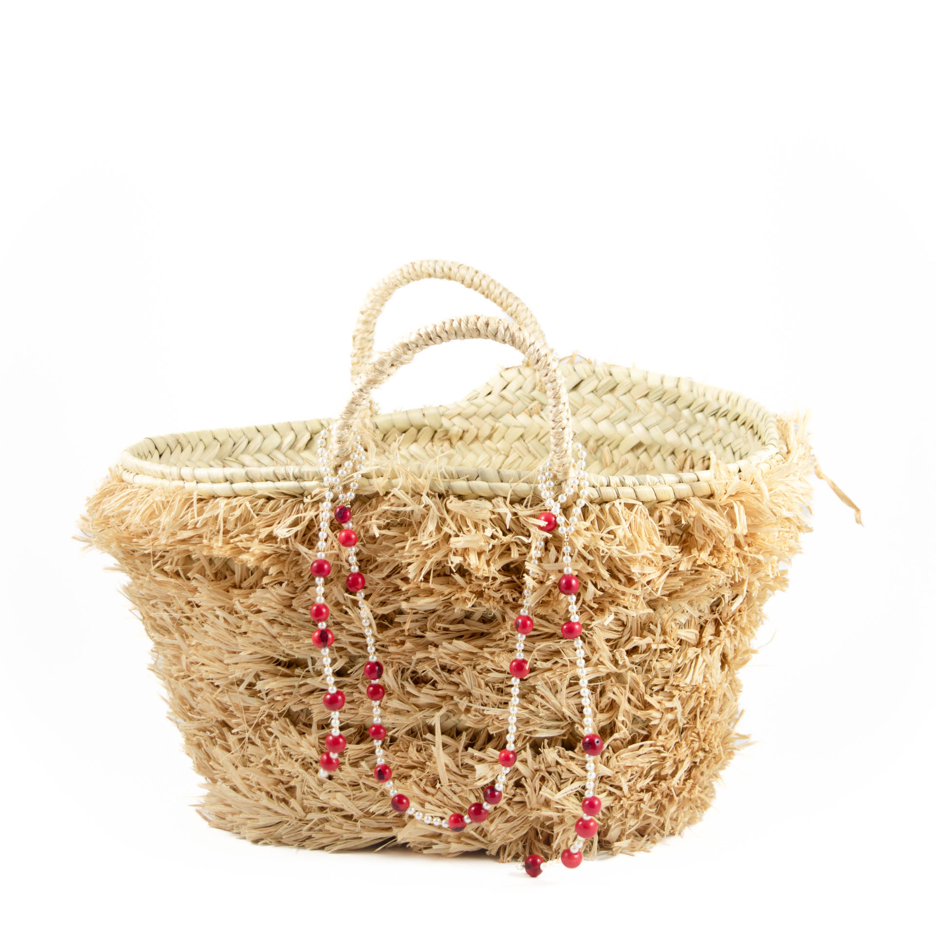Petit panier en paille perles rouges
