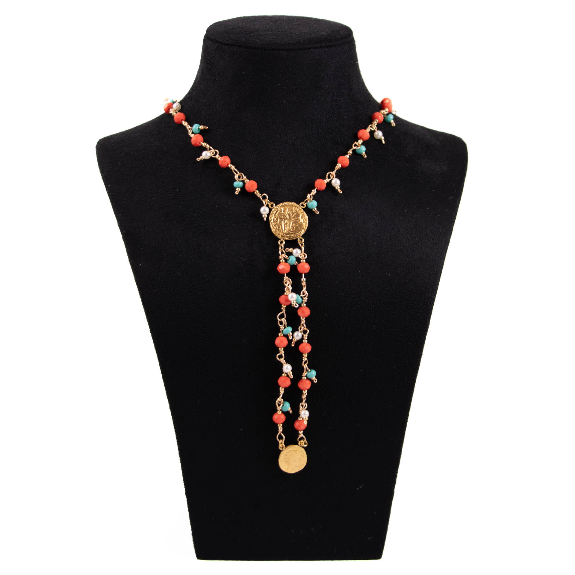 Collier pendentif Pièces turquoise et rouge