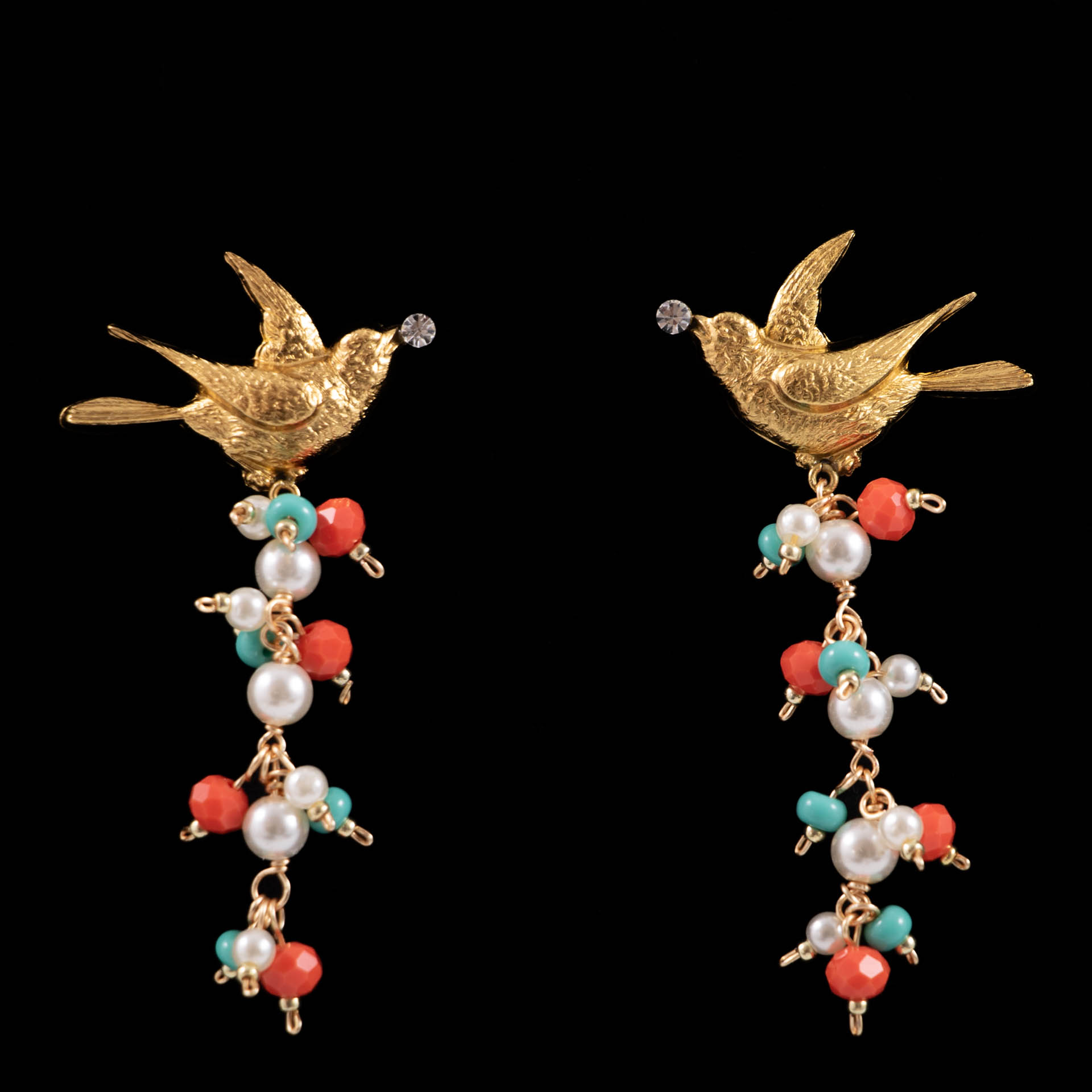 Boucles d'oreilles Mésange Turquoise et Rouge